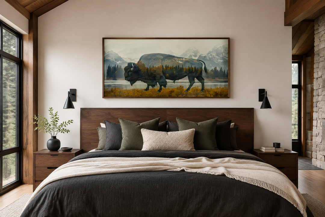 Bison in Yellowstone double exposure canvas wall art in a rustic bedroom above a wooden headboard.