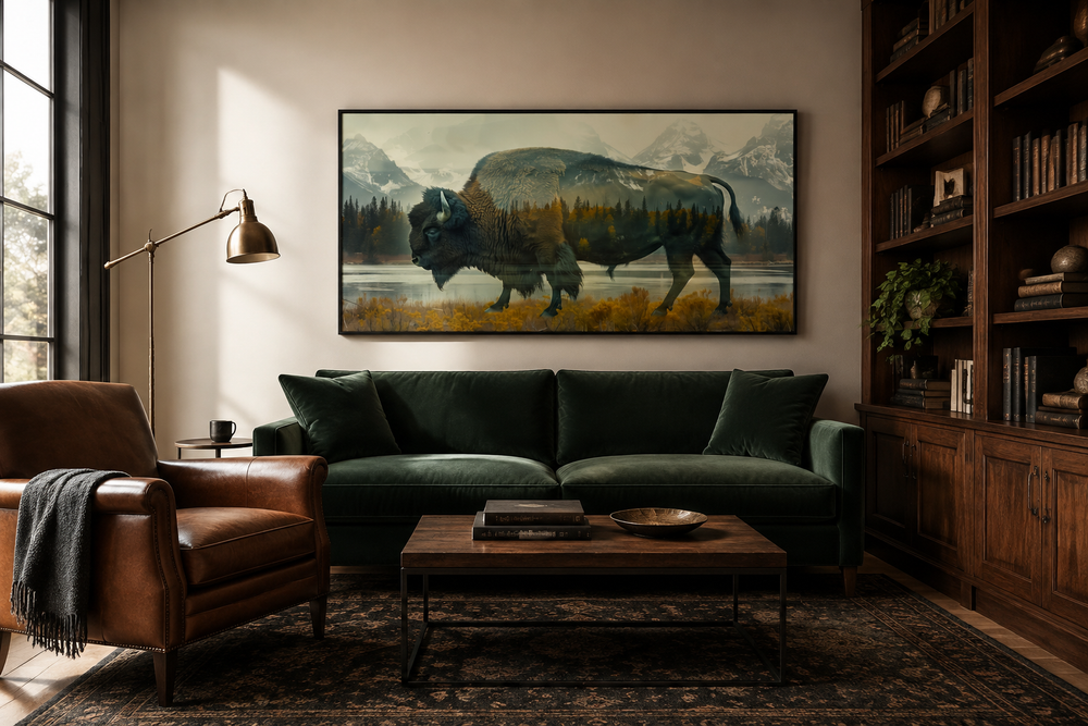 Bison in Yellowstone double exposure canvas wall art in a rustic living room setting.
