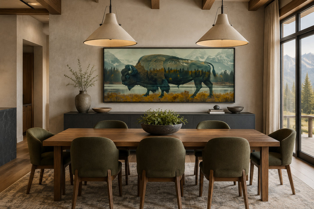 Bison in Yellowstone double exposure canvas wall art above a dining table in a rustic room.