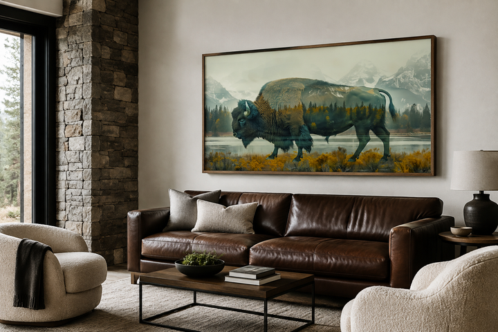 Bison in Yellowstone double exposure canvas wall art in a rustic living room setting.