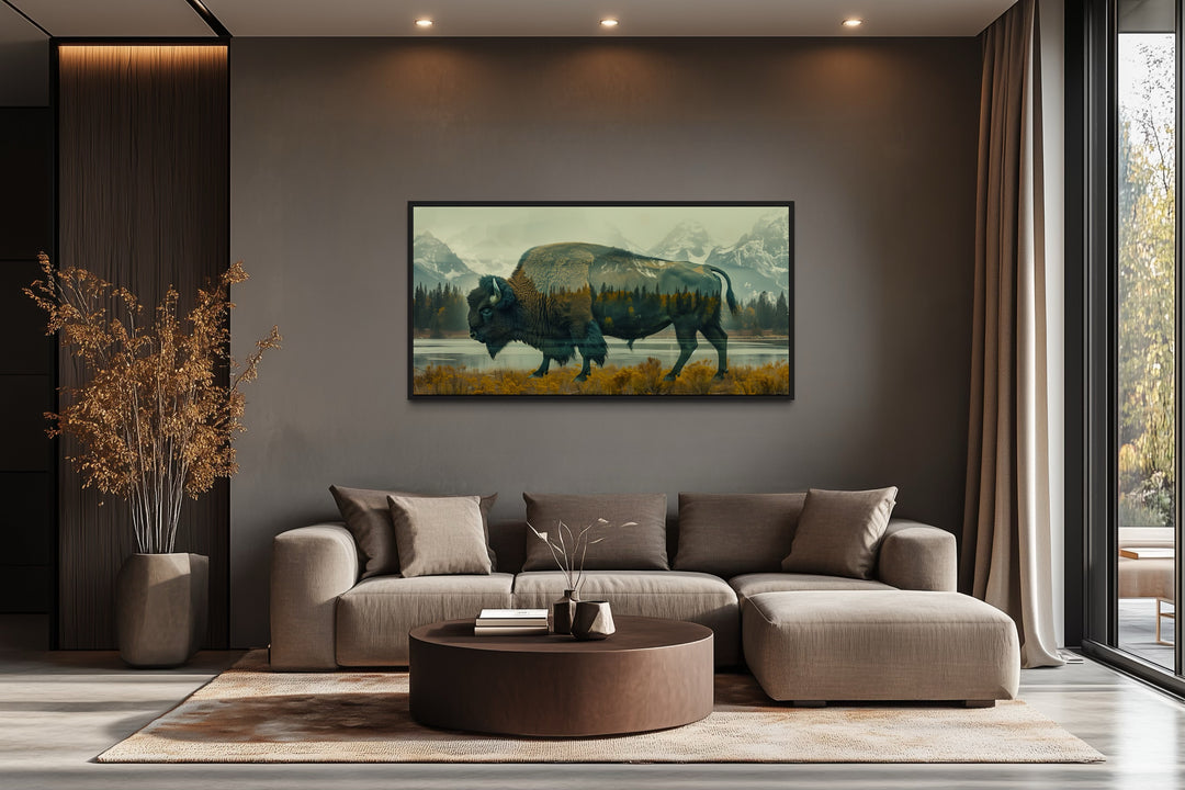 Bison in Yellowstone double exposure canvas wall art in a modern rustic living room.