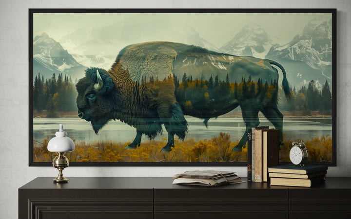 Bison and Yellowstone double exposure canvas wall art in a black frame above a dark wood dresser.
