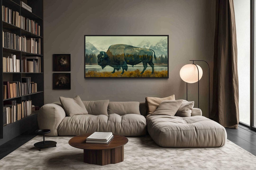 Bison in Yellowstone double exposure canvas wall art in a rustic living room setting.