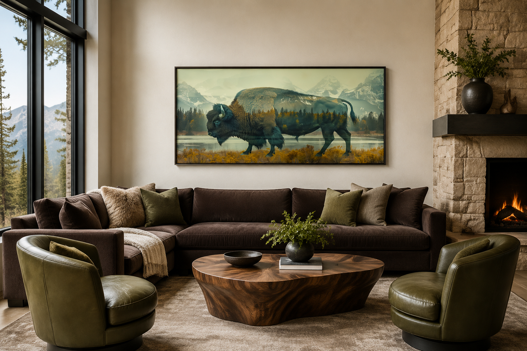 Bison in Yellowstone double exposure canvas wall art in a rustic living room above a brown sofa.
