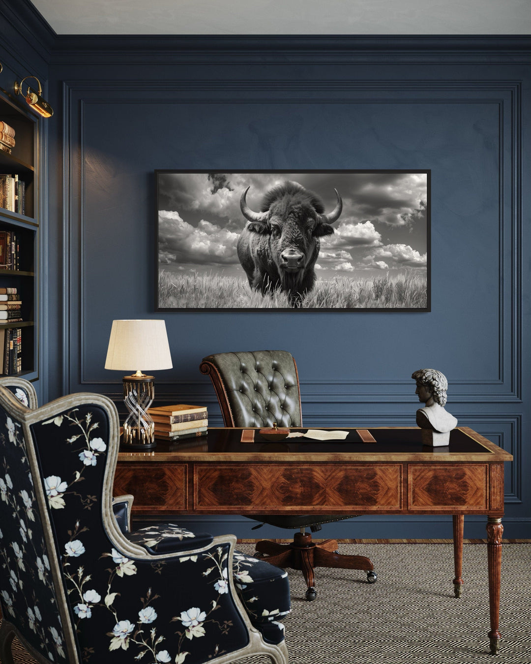 Bison Wall Art – Black and White Framed Canvas Print | Rustic Wildlife Decor