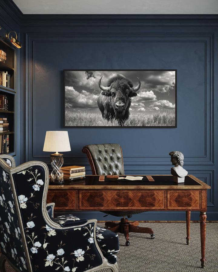 Bison Wall Art – Black and White Framed Canvas Print | Rustic Wildlife Decor
