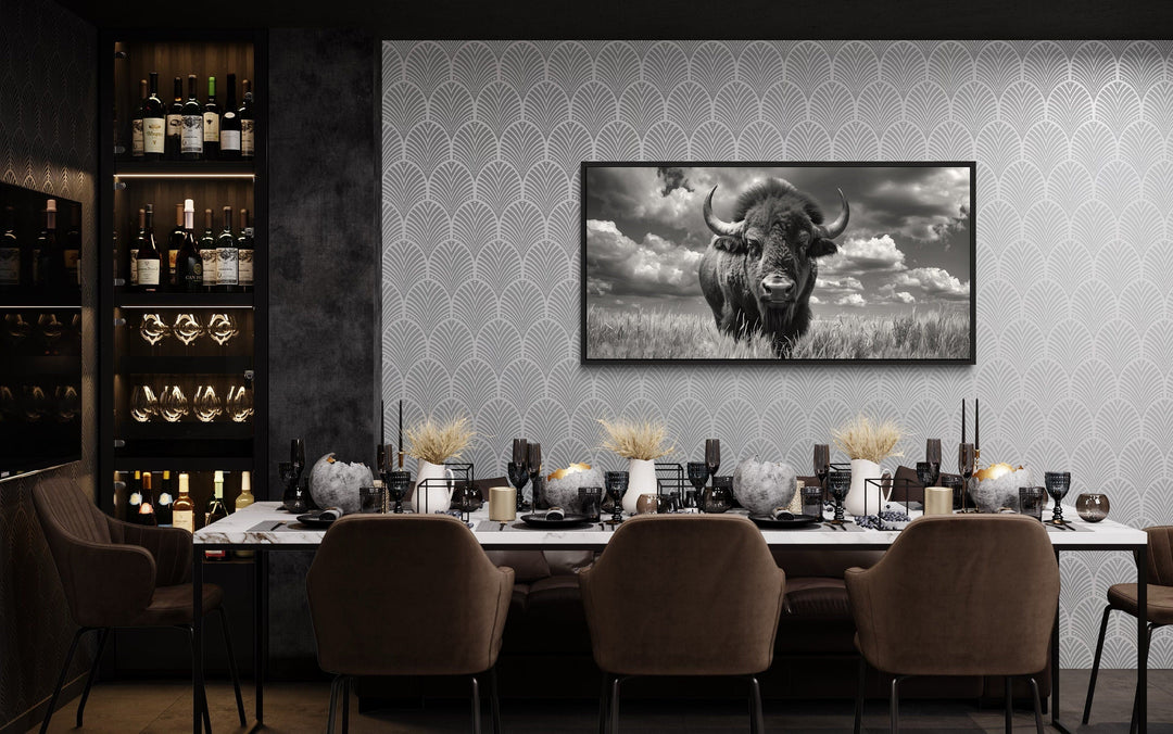 Bison Wall Art – Black and White Framed Canvas Print | Rustic Wildlife Decor