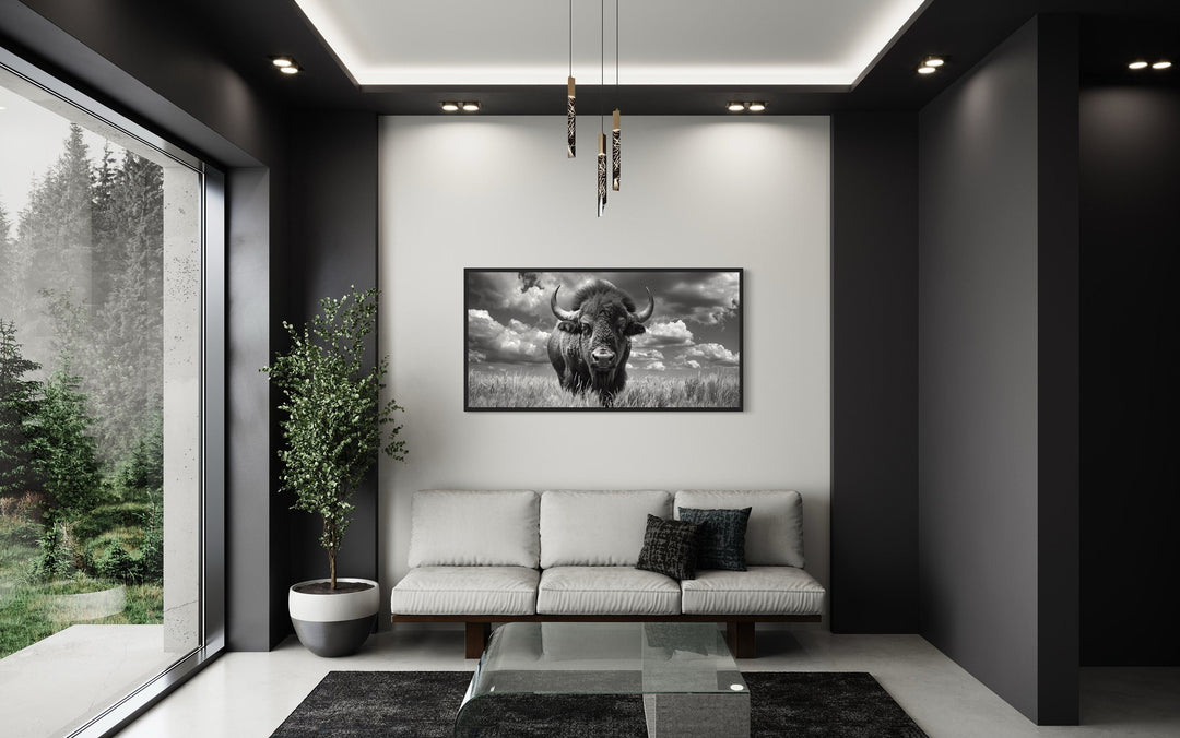 Bison Wall Art – Black and White Framed Canvas Print | Rustic Wildlife Decor