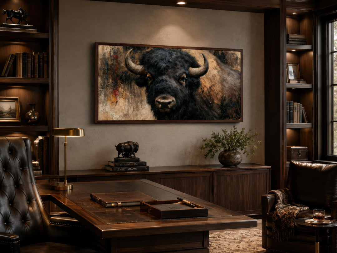 Large horizontal canvas print of a bison head in a rustic, dark wood office setting.