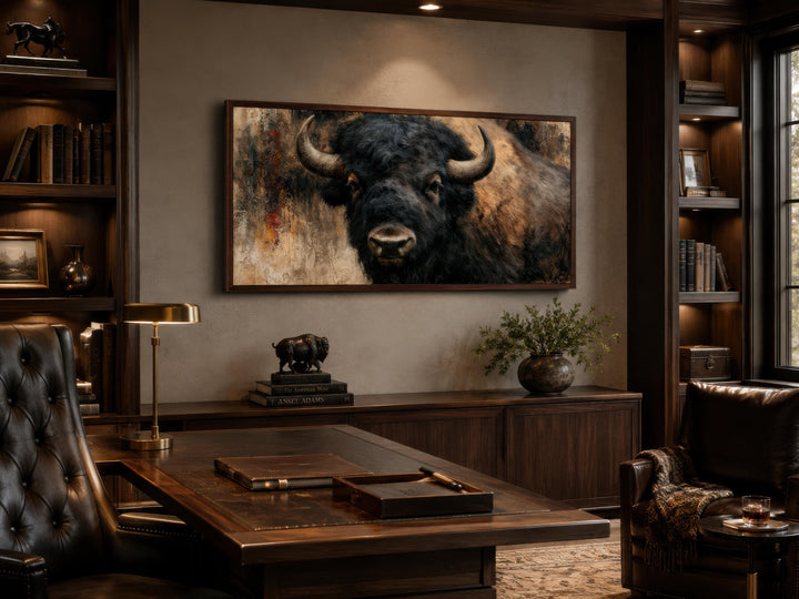 Large horizontal canvas print of a bison head in a rustic, dark wood office setting.