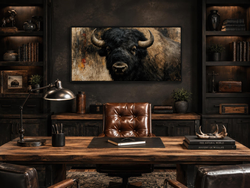 Large American bison canvas print centered in a rustic, dark-toned office with leather furniture.