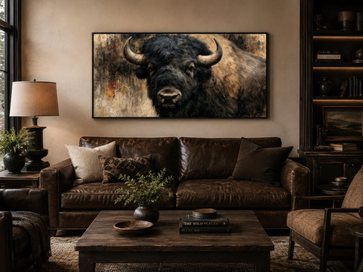 Large horizontal canvas print of a shaggy American bison in a rustic, dark-toned living room.