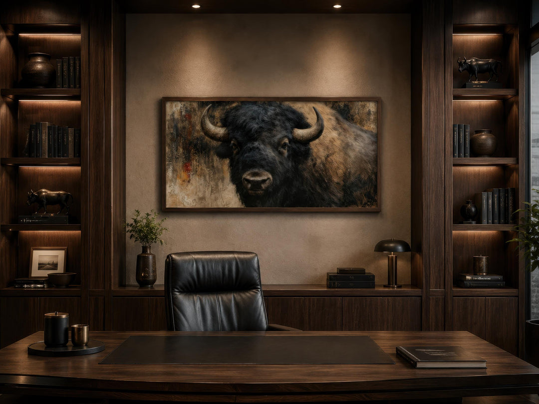 Large horizontal canvas print of a shaggy American bison centered in a dark, rustic office setting.
