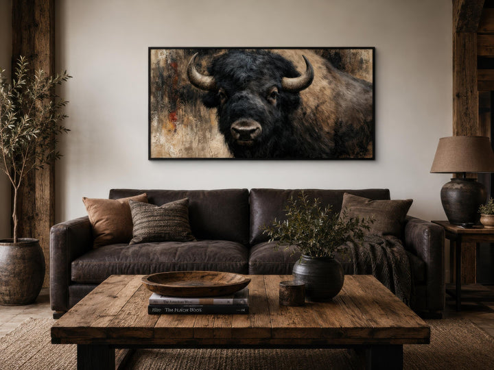 Large horizontal canvas print of a detailed American bison head in a rustic living room setting.