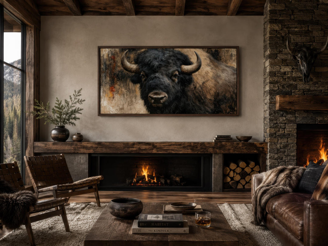Large horizontal canvas print of a bison head in a rustic living room with a stone fireplace.