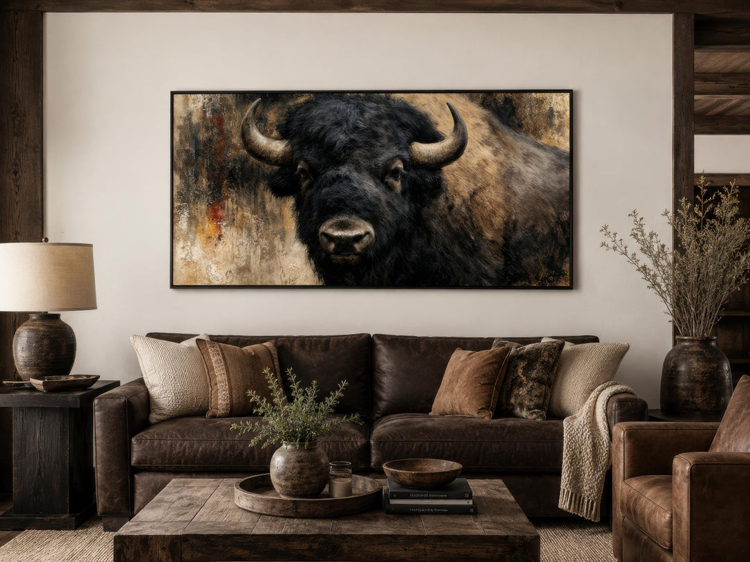 Large horizontal canvas print of a shaggy American bison in a rustic living room setting.