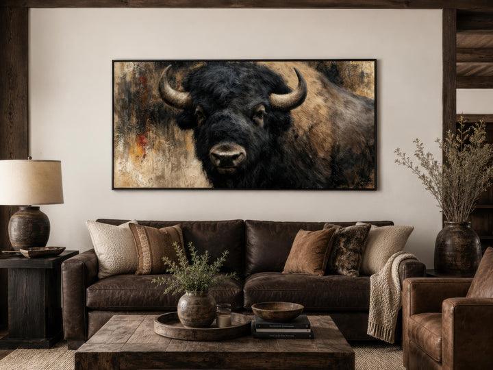 Large horizontal canvas print of a shaggy American bison in a rustic living room setting.