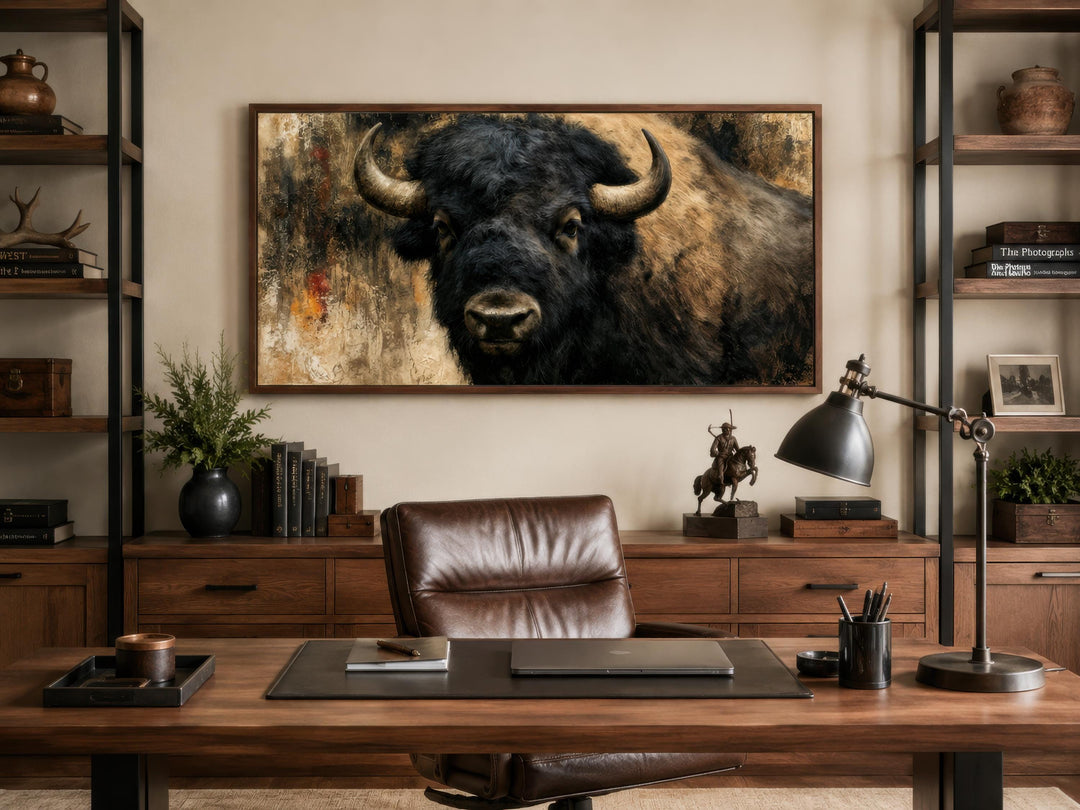 Large horizontal canvas print of a detailed American bison painting in a rustic office setting.