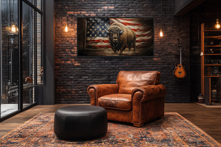 Bison Wall Art – Southwestern Framed Canvas Print With American Flag Decor