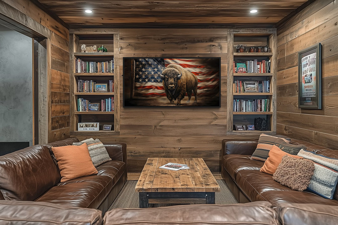 Bison Wall Art – Southwestern Framed Canvas Print With American Flag Decor
