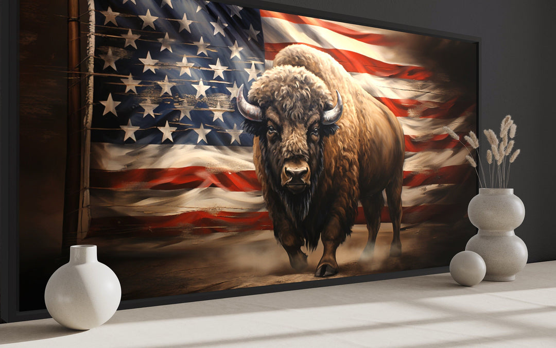 Bison Wall Art – Southwestern Framed Canvas Print With American Flag Decor