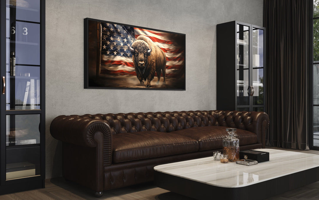Bison Wall Art – Southwestern Framed Canvas Print With American Flag Decor