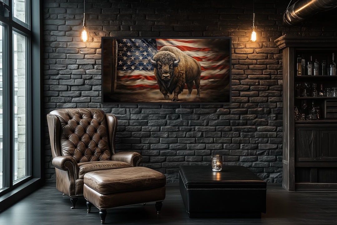 Bison Wall Art – Southwestern Framed Canvas Print With American Flag Decor