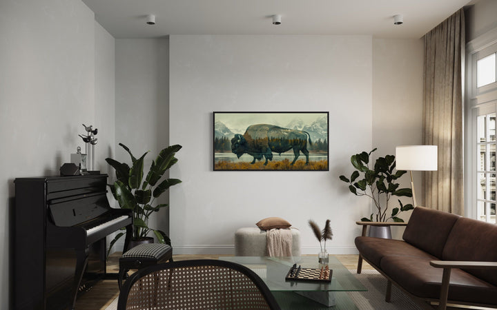Bison Wall Art - Yellowstone Double Exposure Canvas | Rustic Wildlife Decor Print