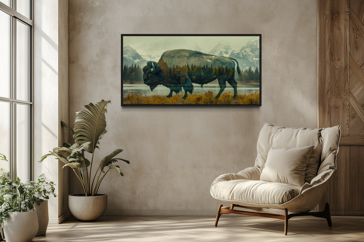 Bison Wall Art - Yellowstone Double Exposure Canvas | Rustic Wildlife Decor Print