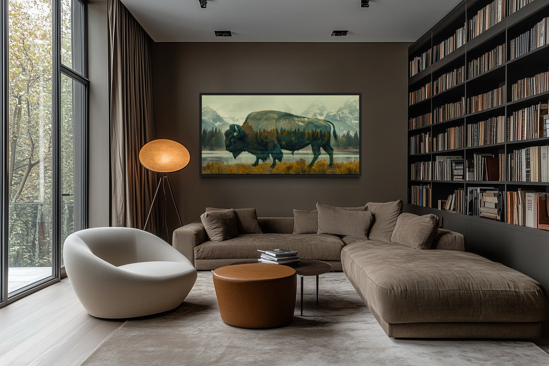 Bison Wall Art - Yellowstone Double Exposure Canvas | Rustic Wildlife Decor Print