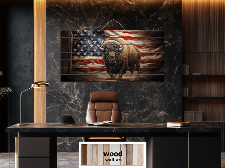 Bison and American Flag Distressed Wood Wall Art
