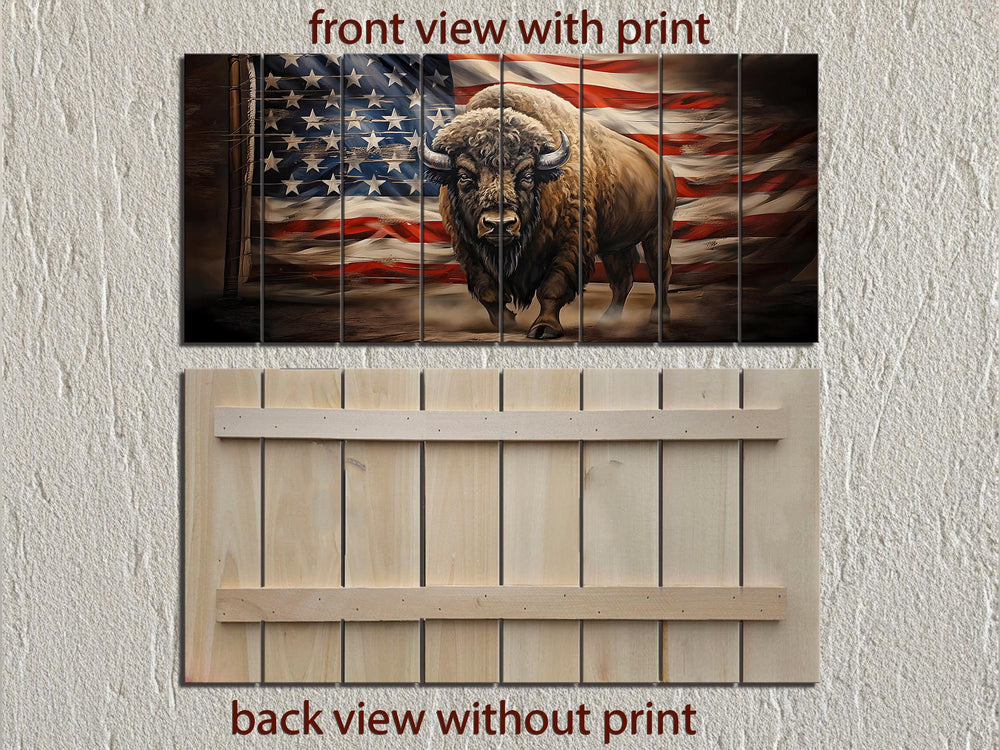 Bison and American Flag Distressed Wood Wall Art