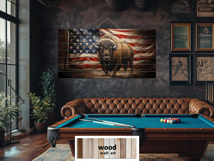 Bison and American Flag Distressed Wood Wall Art