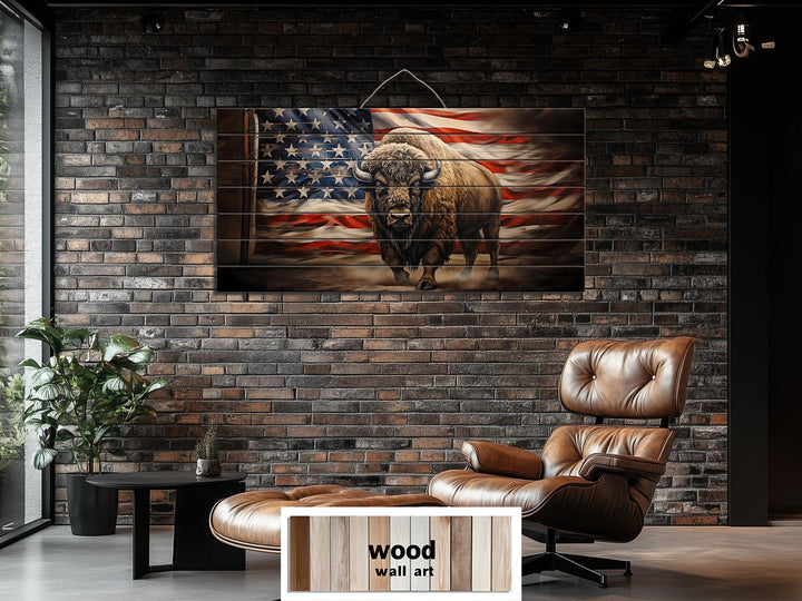 Bison and American Flag Distressed Wood Wall Art