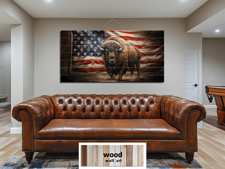 Bison and American Flag Distressed Wood Wall Art