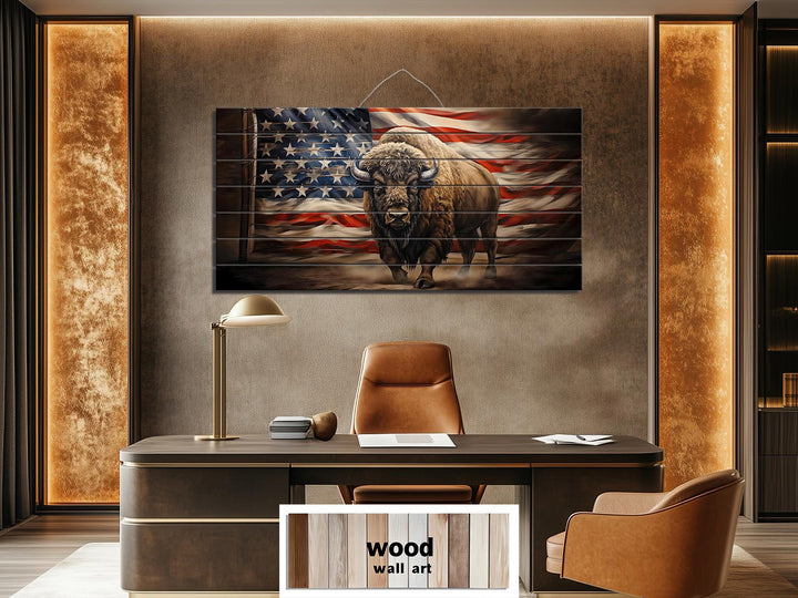 Bison and American Flag Distressed Wood Wall Art