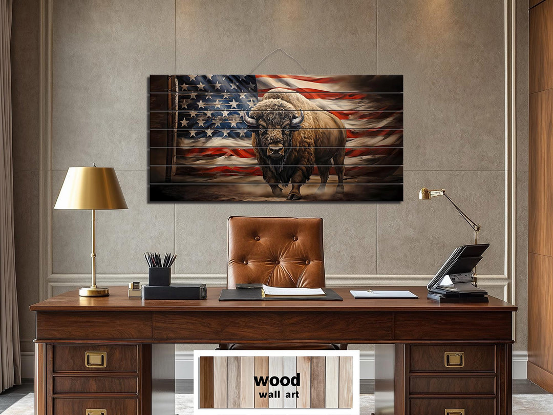 Bison and American Flag Distressed Wood Wall Art
