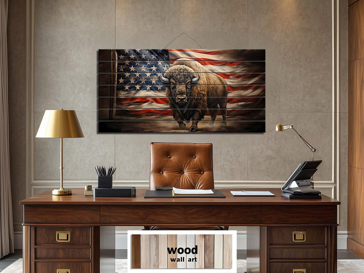 Bison and American Flag Distressed Wood Wall Art