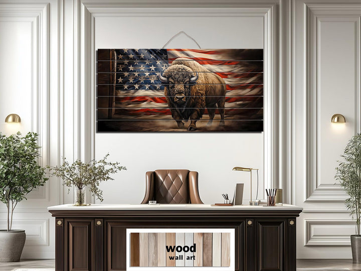 Bison and American Flag Distressed Wood Wall Art