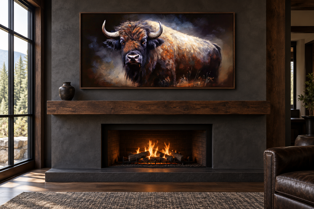 Extra large framed canvas print of an American buffalo above a rustic fireplace in a living room.