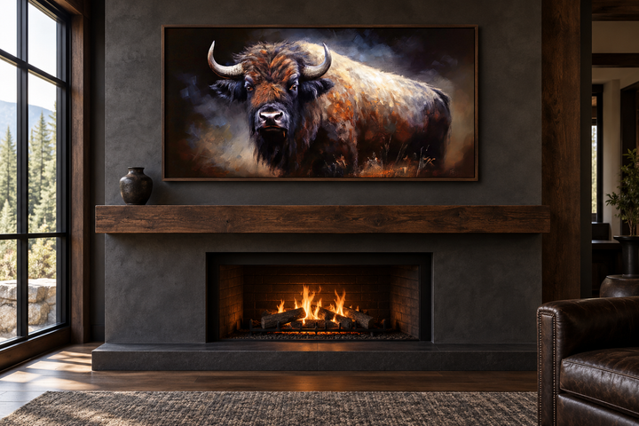 Extra large framed canvas print of an American buffalo above a rustic fireplace in a living room.