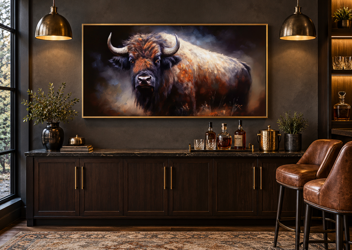 Extra large framed canvas print of an American buffalo in a rustic home bar setting.