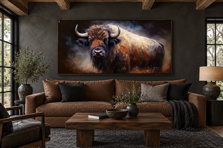 Extra large framed canvas print of an American buffalo in a rustic living room setting.