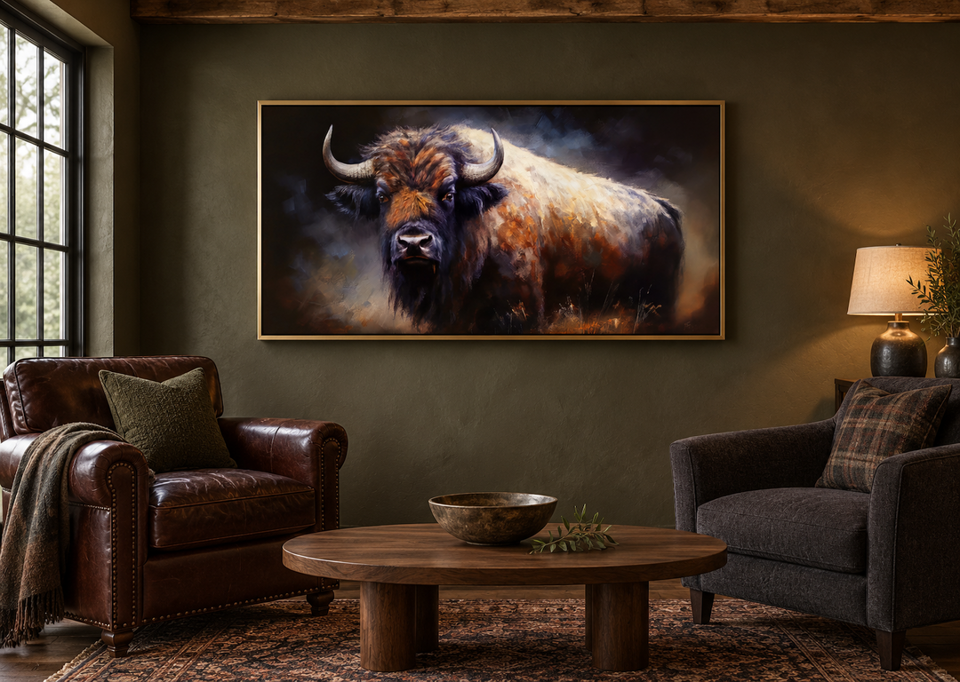 Extra large framed canvas print of an American buffalo in a rustic living room setting.