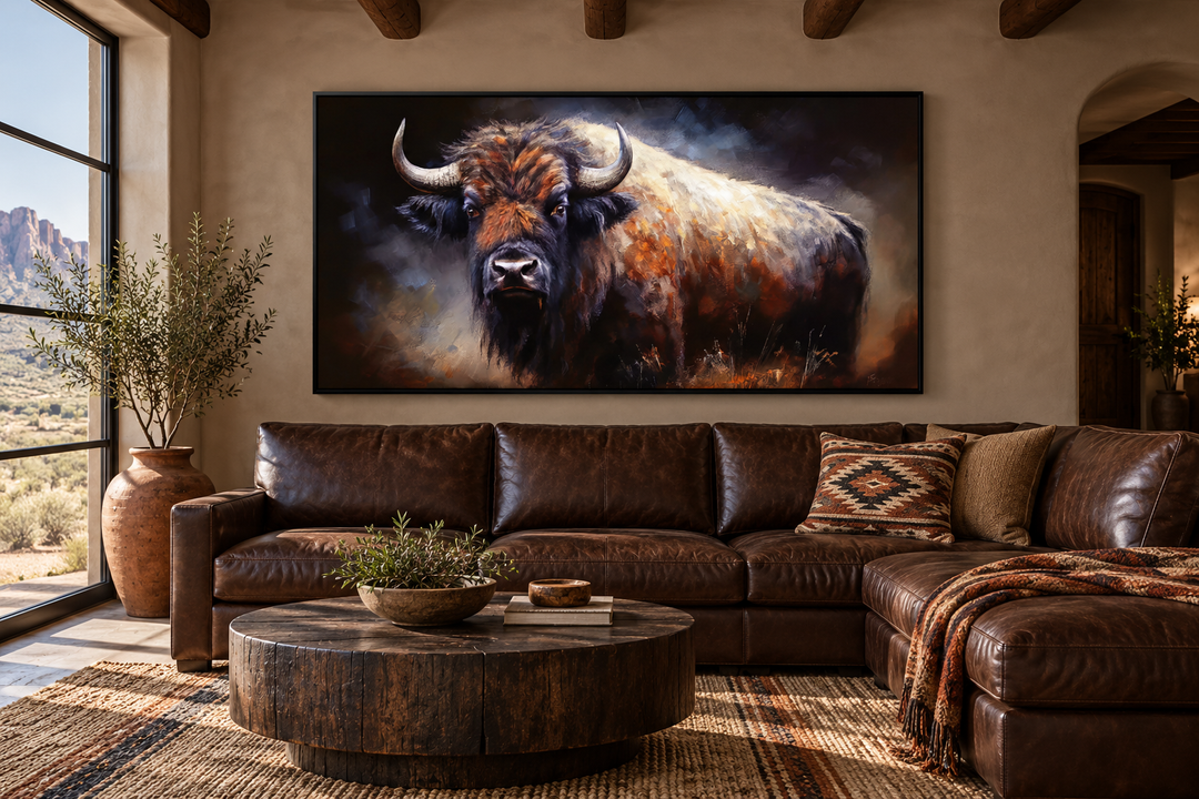 Extra large framed canvas print of an American buffalo in a rustic living room with leather sofa.