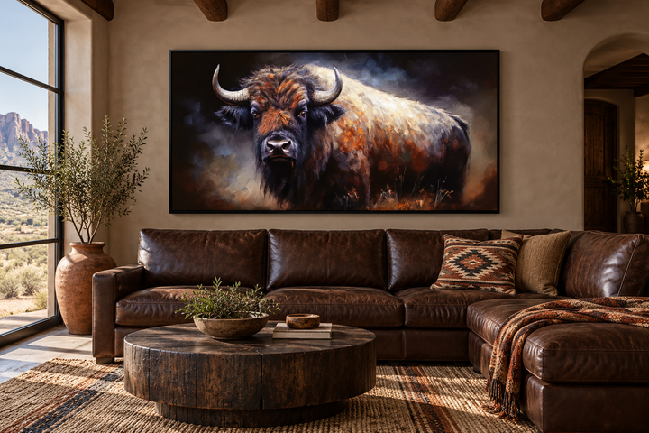 Extra large framed canvas print of an American buffalo in a rustic living room with leather sofa.