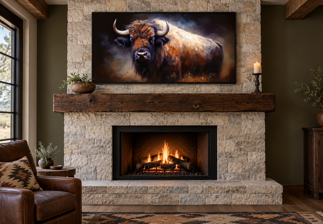 Extra large framed canvas print of an American buffalo above a rustic stone fireplace.