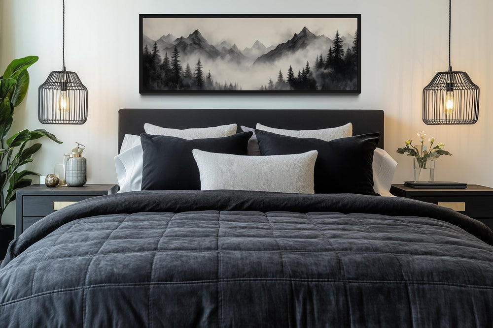 Wall Art For Bedroom - Black And Beige Watercolor Foggy Mountain Forest Long Horizontal Wall Art