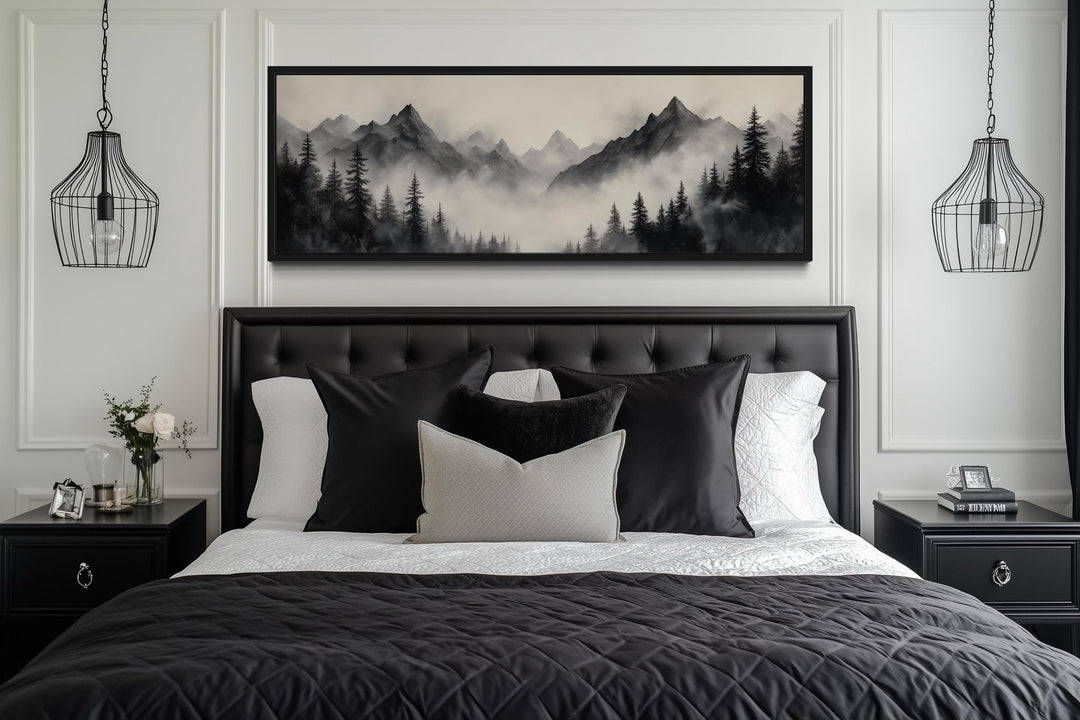 Black And Beige Watercolor Foggy Mountain Forest Long Horizontal Wall Art