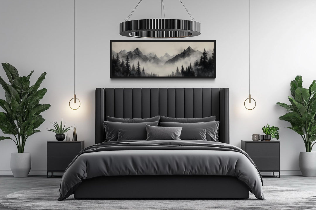 Black And Beige Watercolor Foggy Mountain Forest Long Horizontal Wall Art